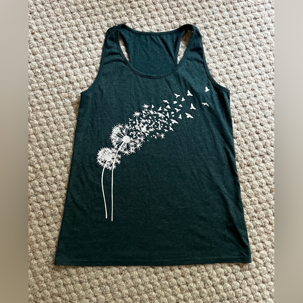 Amazon Dark Green Tank Top with White Dandelion Design